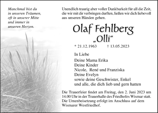 Traueranzeige von Olaf Fehlberg von Ostsee-Zeitung GmbH