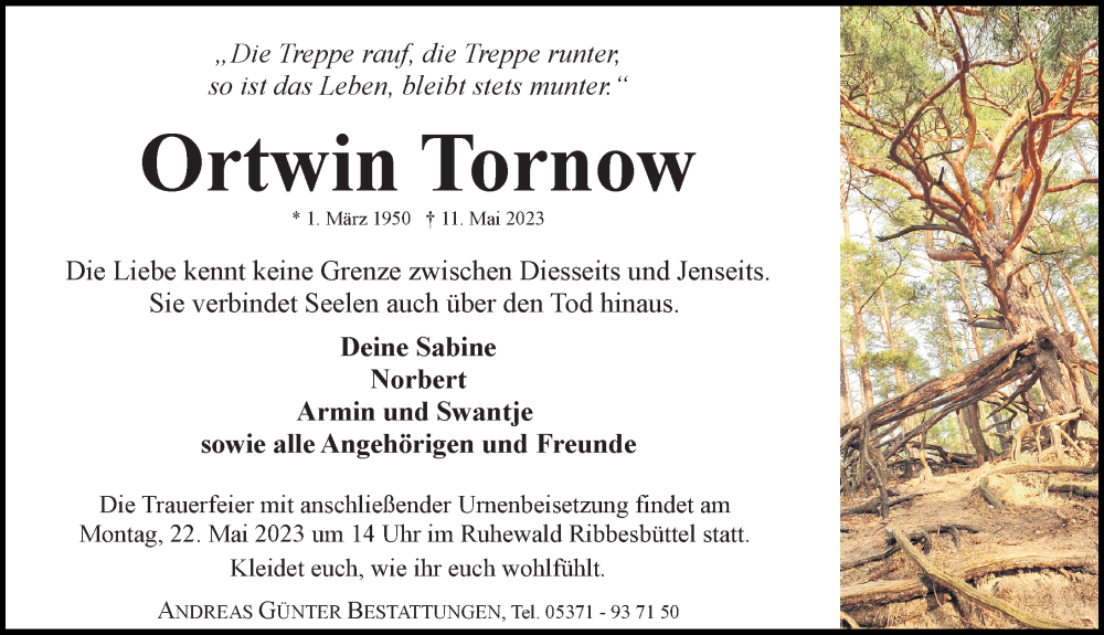  Traueranzeige für Ortwin Tornow vom 13.05.2023 aus Aller Zeitung