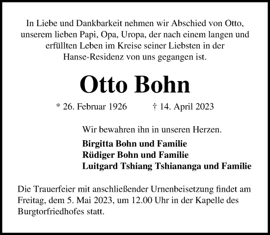 Traueranzeige von Otto Bohn von Lübecker Nachrichten