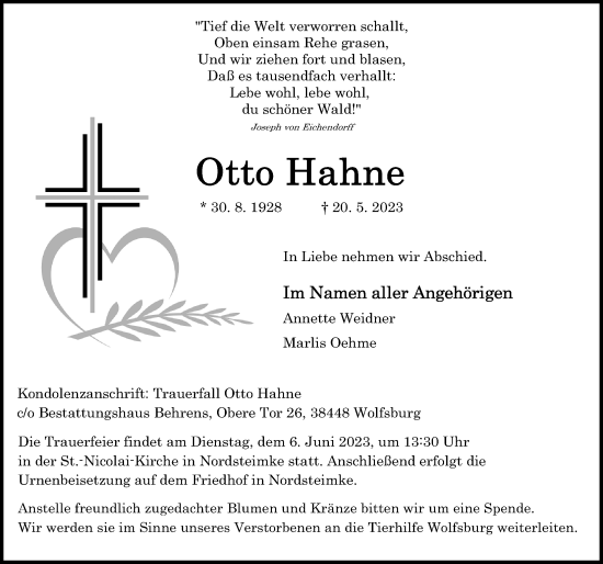 Traueranzeige von Otto Hahne von Aller Zeitung