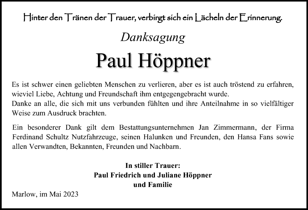  Traueranzeige für Paul Höppner vom 06.05.2023 aus Ostsee-Zeitung GmbH