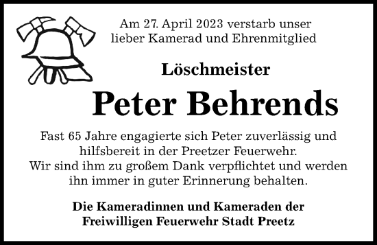 Traueranzeige von Peter Behrends von Kieler Nachrichten