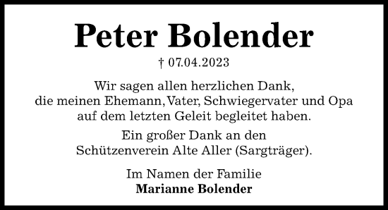 Traueranzeige von Peter Bolender von Hannoversche Allgemeine Zeitung/Neue Presse