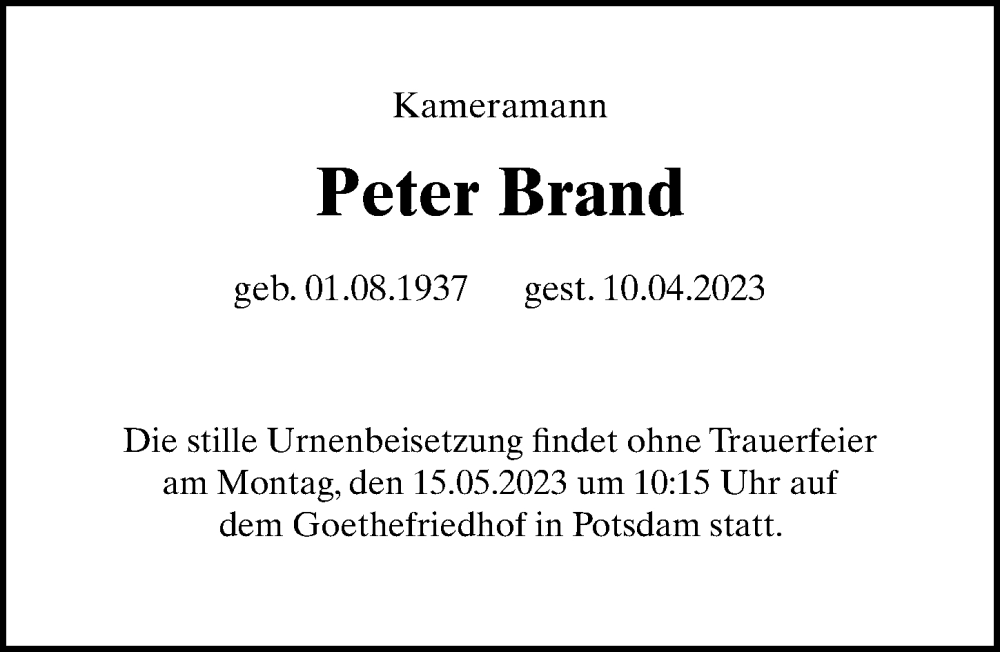  Traueranzeige für Peter Brand vom 06.05.2023 aus Märkischen Allgemeine Zeitung