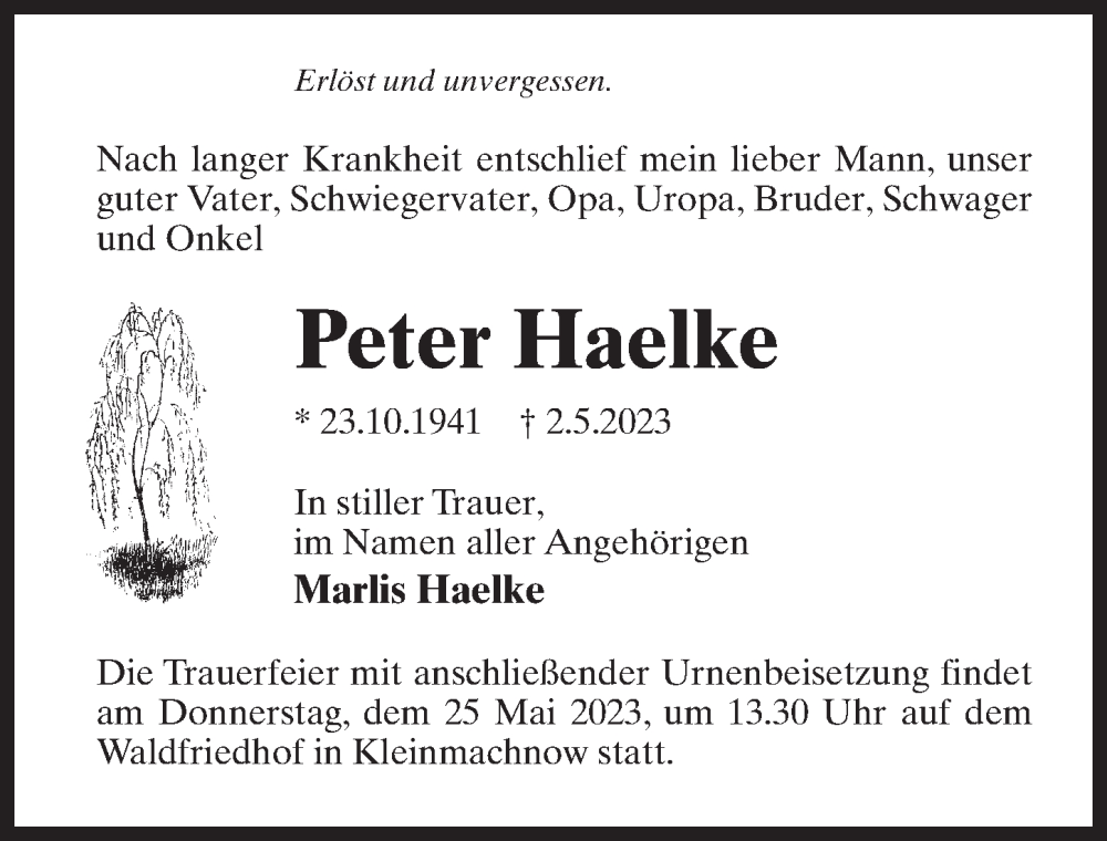  Traueranzeige für Peter Haelke vom 13.05.2023 aus Märkischen Allgemeine Zeitung