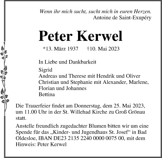 Traueranzeige von Peter Kerwel von Lübecker Nachrichten