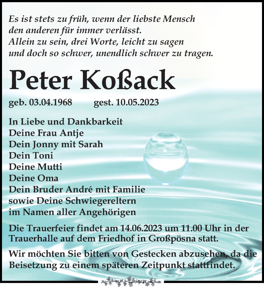  Traueranzeige für Peter Koßack vom 27.05.2023 aus Leipziger Volkszeitung