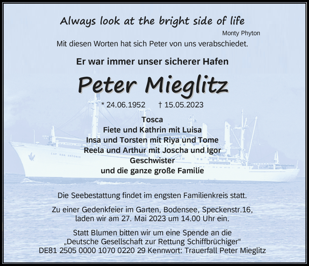  Traueranzeige für Peter Mieglitz vom 20.05.2023 aus Göttinger Tageblatt