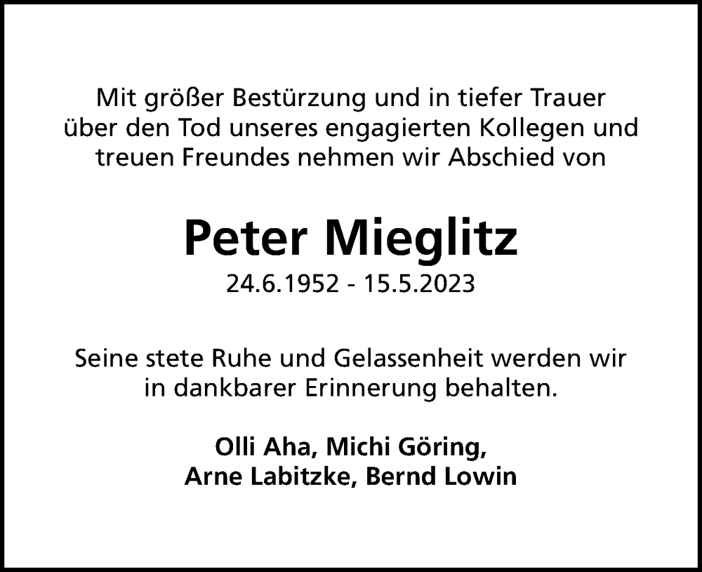  Traueranzeige für Peter Mieglitz vom 27.05.2023 aus Göttinger Tageblatt