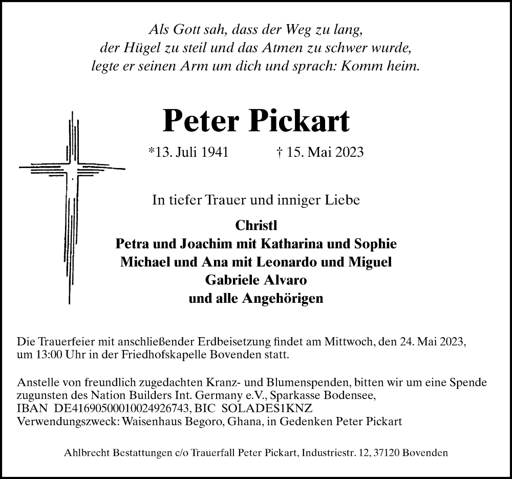  Traueranzeige für Peter Pickart vom 20.05.2023 aus Göttinger Tageblatt