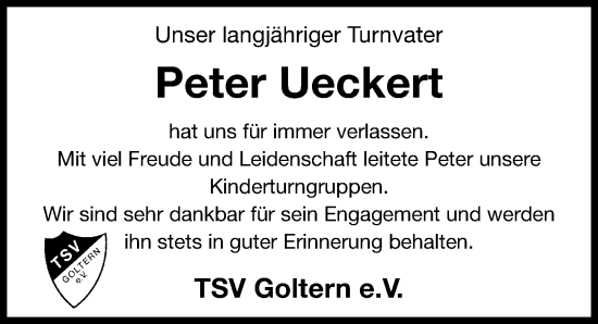Traueranzeige von Peter Ueckert von Hannoversche Allgemeine Zeitung/Neue Presse