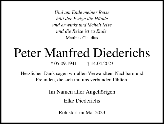 Traueranzeige von Peter Manfred Diederichs von Ostsee-Zeitung GmbH