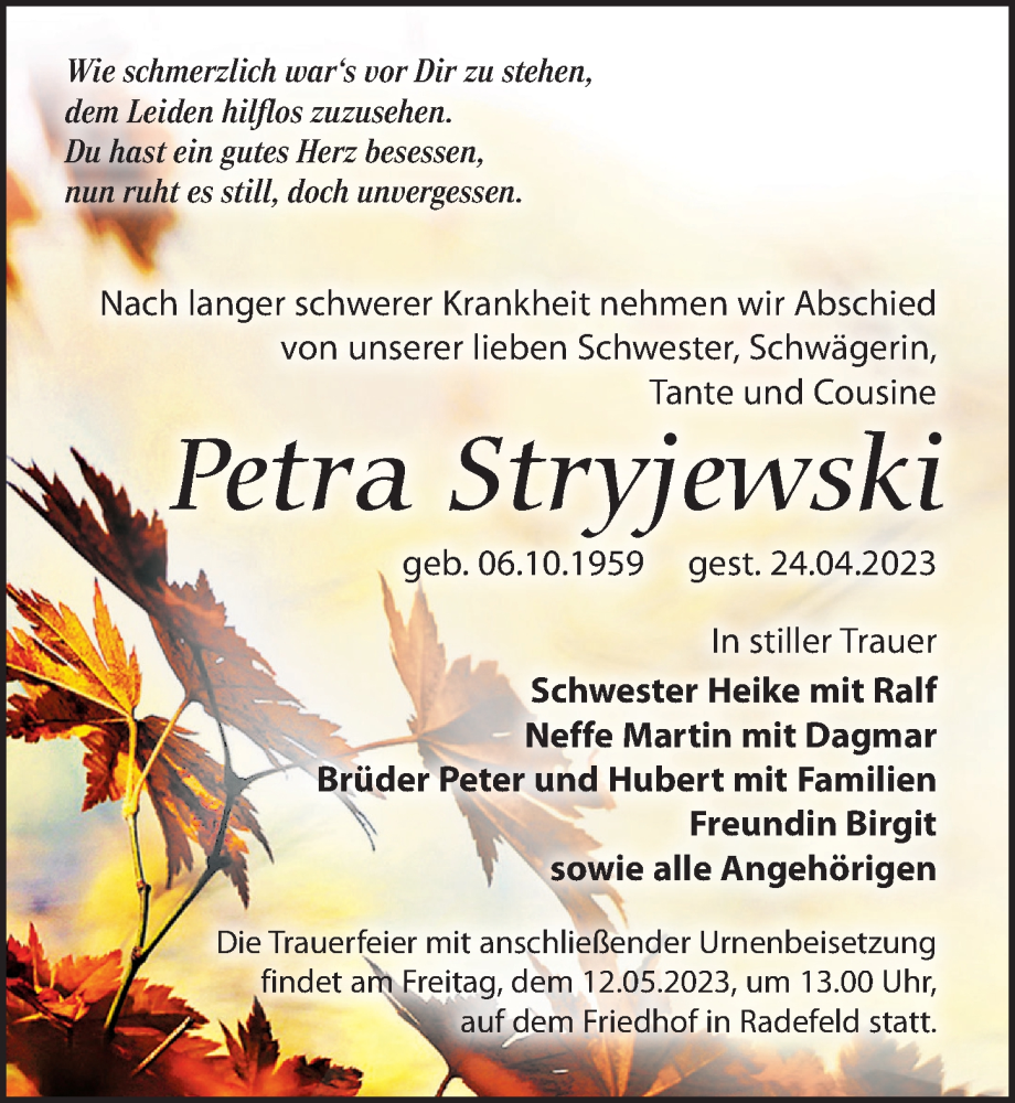  Traueranzeige für Petra Stryjewski vom 06.05.2023 aus Leipziger Volkszeitung