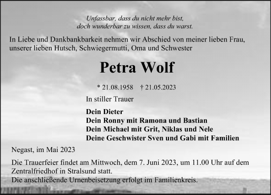Traueranzeige von Petra Wolf von Ostsee-Zeitung GmbH