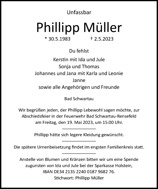 Traueranzeige von Phillipp Müller von Lübecker Nachrichten