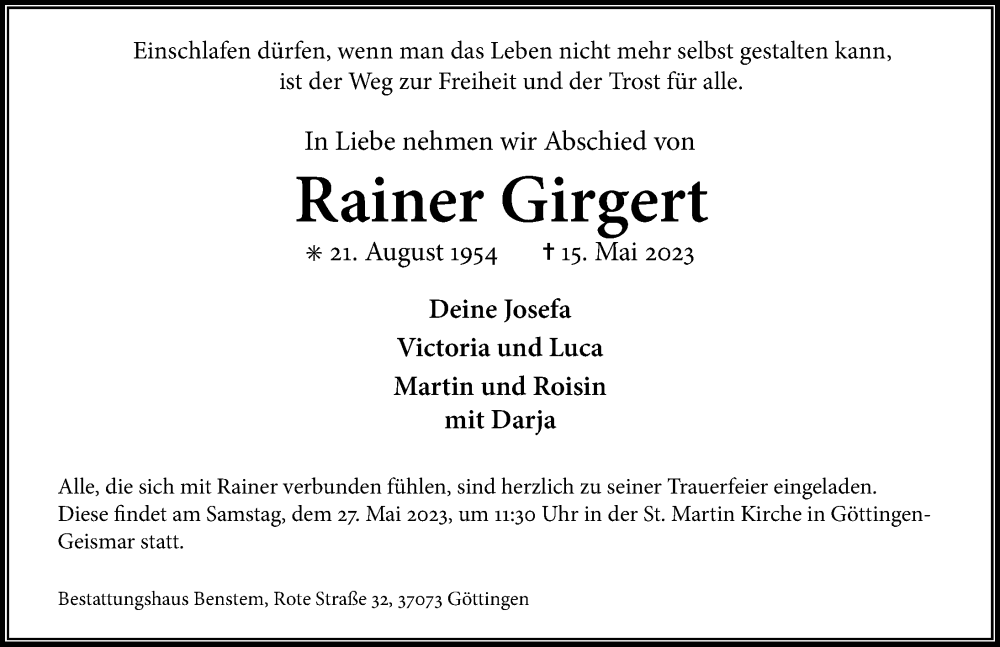  Traueranzeige für Rainer Girgert vom 20.05.2023 aus Göttinger Tageblatt
