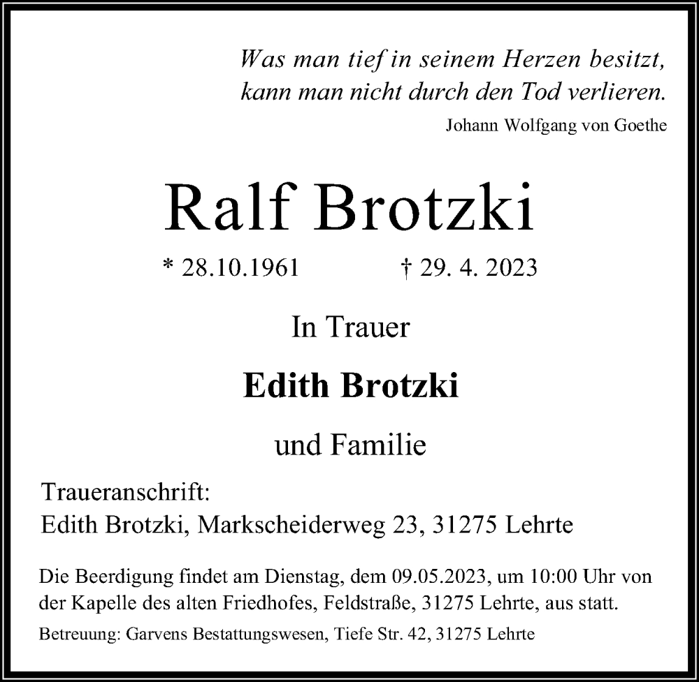 Traueranzeige für Ralf Brotzki vom 06.05.2023 aus Hannoversche Allgemeine Zeitung/Neue Presse