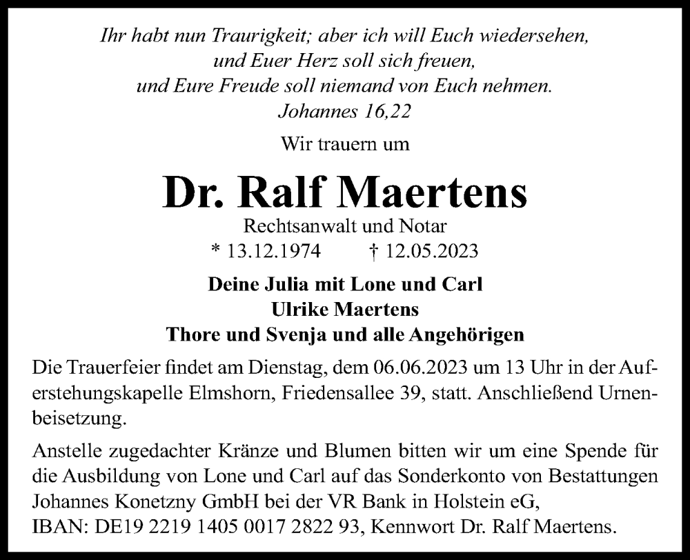  Traueranzeige für Ralf Maertens vom 27.05.2023 aus Kieler Nachrichten