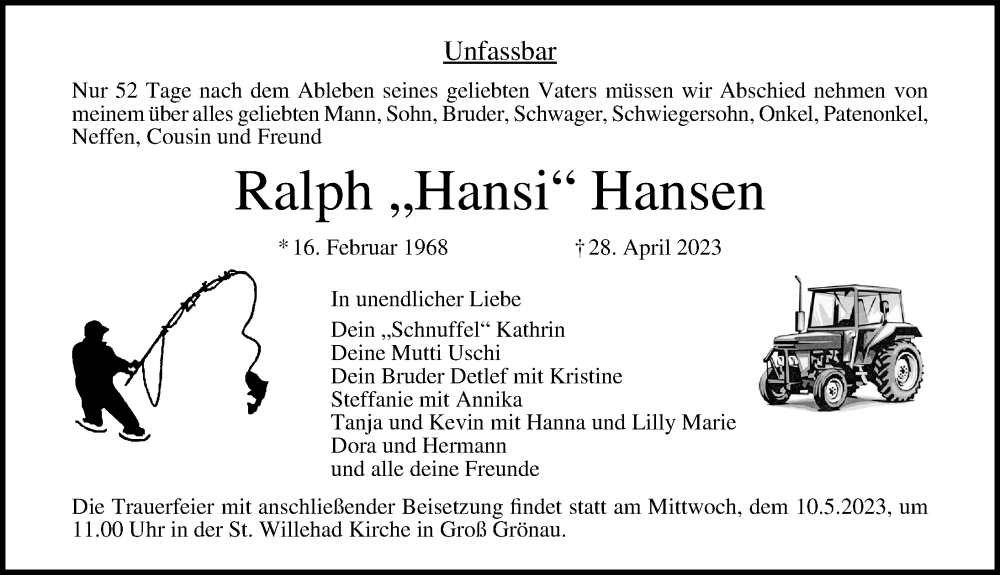 Traueranzeige für Ralph  Hansen vom 07.05.2023 aus Lübecker Nachrichten