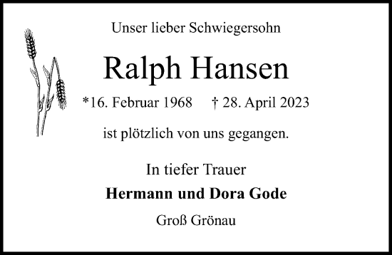 Traueranzeige von Ralph  Hansen von Lübecker Nachrichten