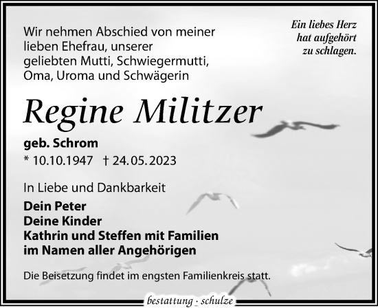 Traueranzeige von Regine Militzer von Leipziger Volkszeitung