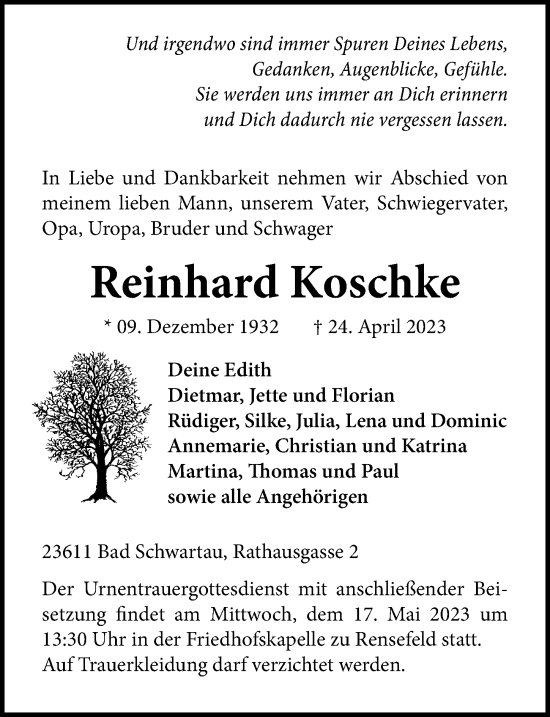 Traueranzeige von Reinhard Koschke von Lübecker Nachrichten