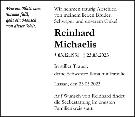 Traueranzeige von Reinhard Michaelis von Ostsee-Zeitung GmbH