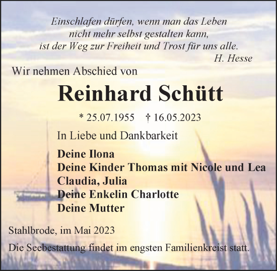 Traueranzeige von Reinhard Schütt von Ostsee-Zeitung GmbH