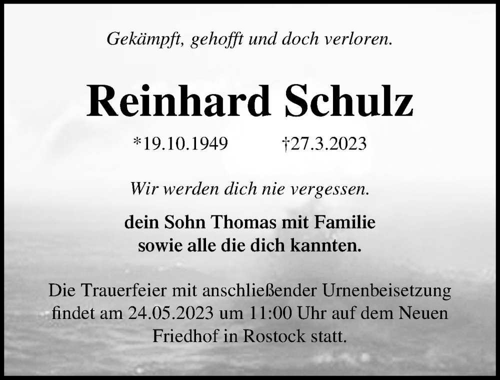  Traueranzeige für Reinhard Schulz vom 06.05.2023 aus Ostsee-Zeitung GmbH