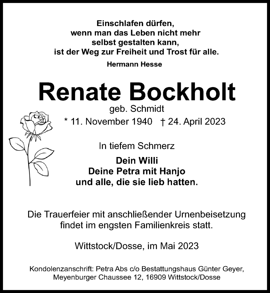  Traueranzeige für Renate Bockholt vom 06.05.2023 aus Märkischen Allgemeine Zeitung