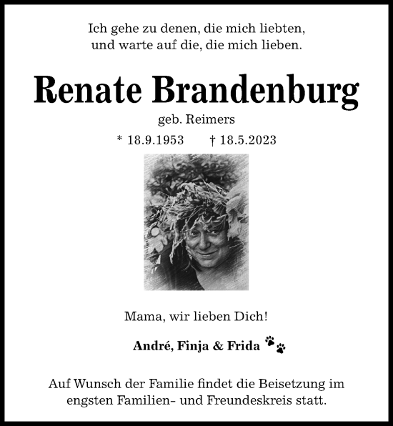 Traueranzeige von Renate Brandenburg von Kieler Nachrichten