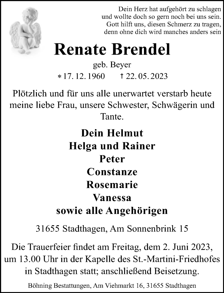  Traueranzeige für Renate Brendel vom 27.05.2023 aus Schaumburger Nachrichten