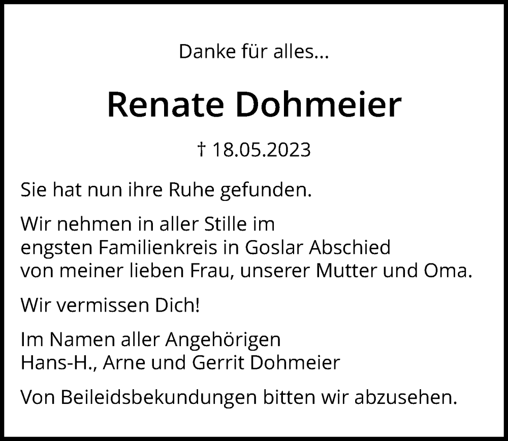  Traueranzeige für Renate Dohmeier vom 27.05.2023 aus Hannoversche Allgemeine Zeitung/Neue Presse