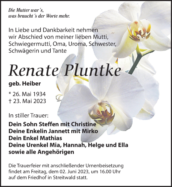 Traueranzeige von Renate Pluntke von Leipziger Volkszeitung
