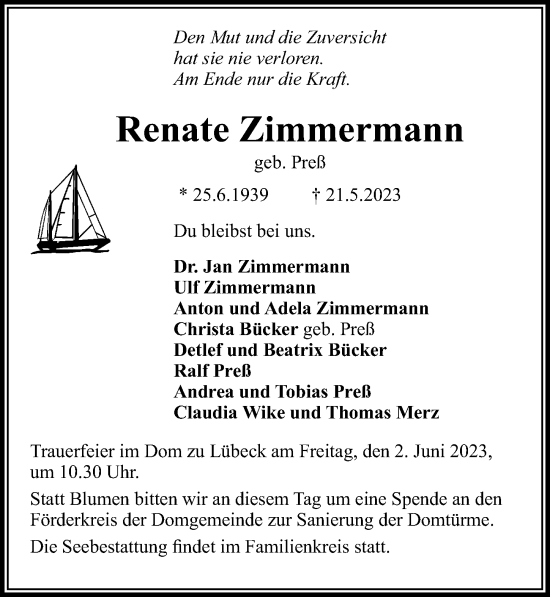 Traueranzeige von Renate Zimmermann von Lübecker Nachrichten