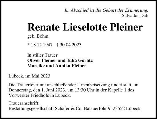 Traueranzeige von Renate Lieselotte Pleiner von Lübecker Nachrichten