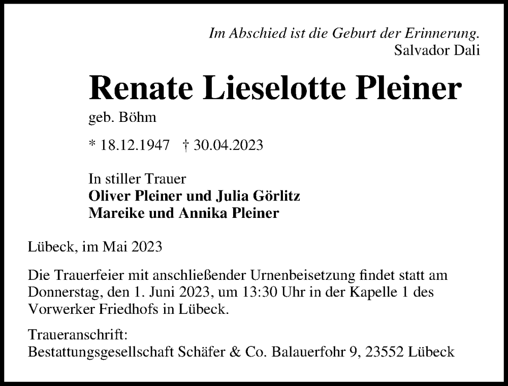  Traueranzeige für Renate Lieselotte Pleiner vom 21.05.2023 aus Lübecker Nachrichten