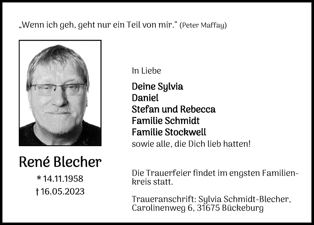  Traueranzeige für René Blecher vom 20.05.2023 aus Schaumburger Nachrichten