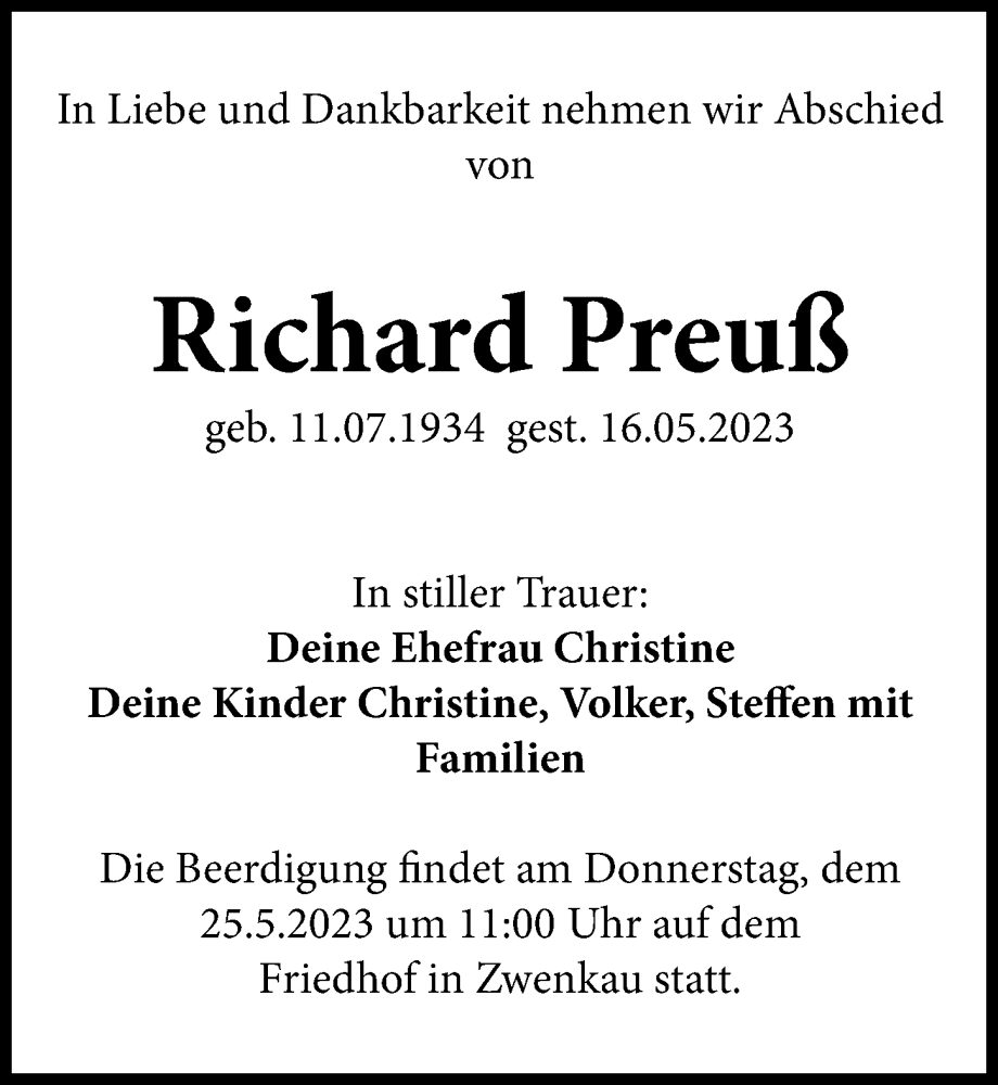 Traueranzeige für Richard Preuß vom 20.05.2023 aus Leipziger Volkszeitung