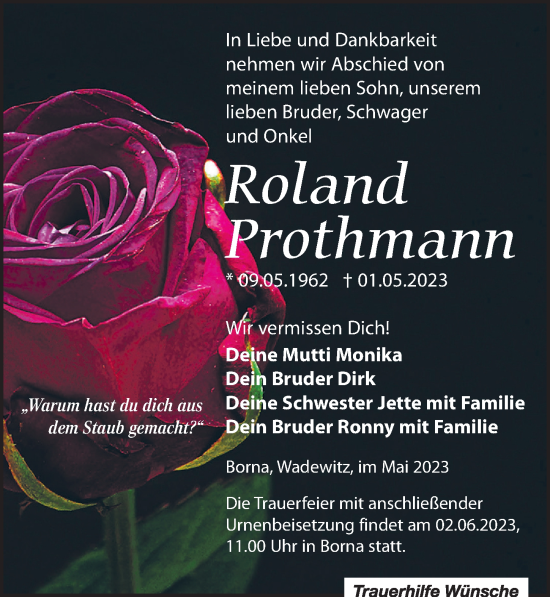 Traueranzeige von Roland Prothmann von Leipziger Volkszeitung