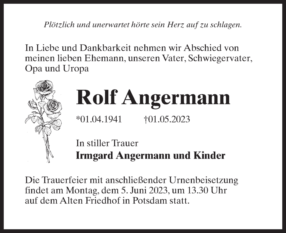  Traueranzeige für Rolf Angermann vom 13.05.2023 aus Märkischen Allgemeine Zeitung