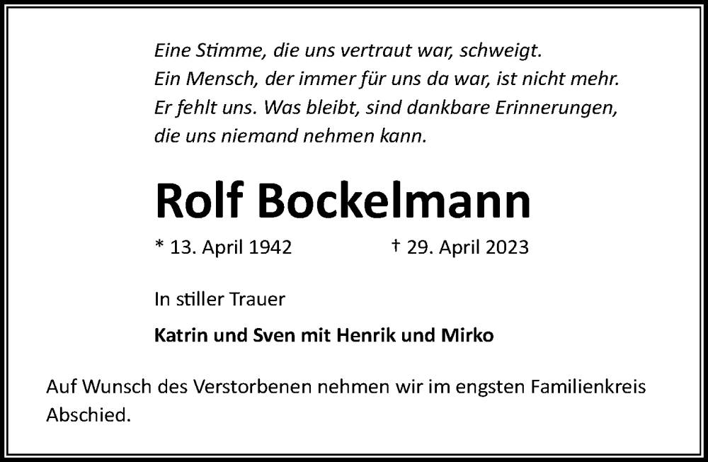  Traueranzeige für Rolf Bockelmann vom 07.05.2023 aus Lübecker Nachrichten