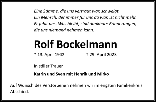 Traueranzeige von Rolf Bockelmann von Lübecker Nachrichten