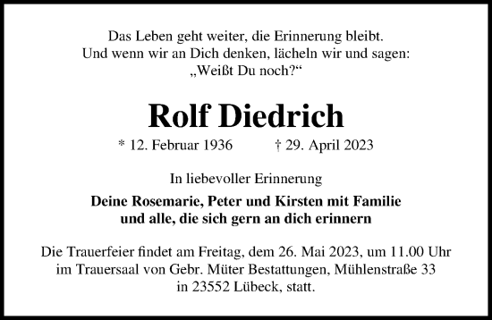 Traueranzeige von Rolf Diedrich von Lübecker Nachrichten