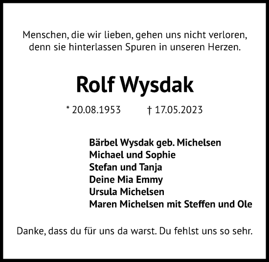 Traueranzeige von Rolf Wysdak von Kieler Nachrichten