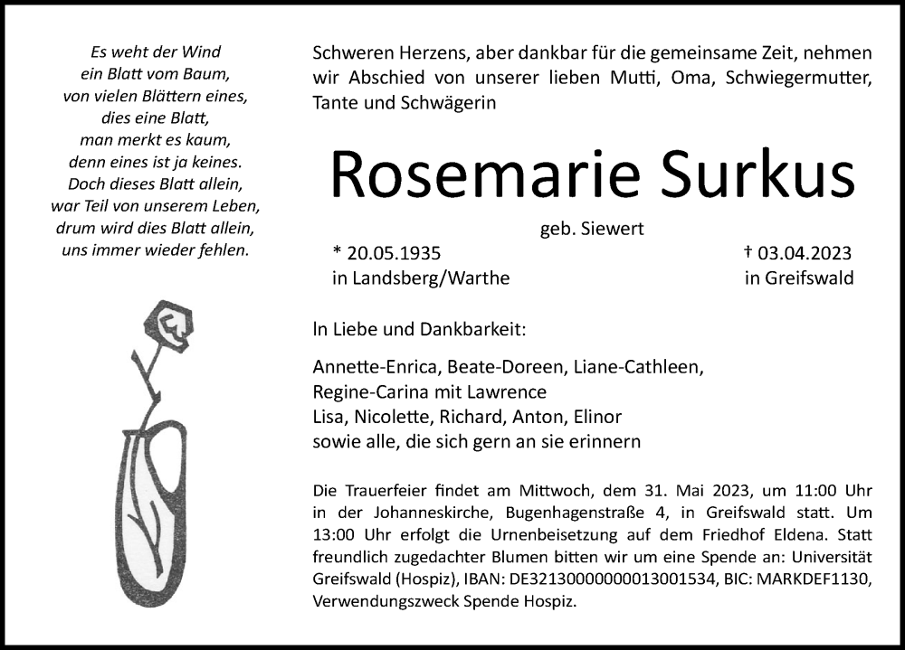  Traueranzeige für Rosemarie Surkus vom 20.05.2023 aus Ostsee-Zeitung GmbH