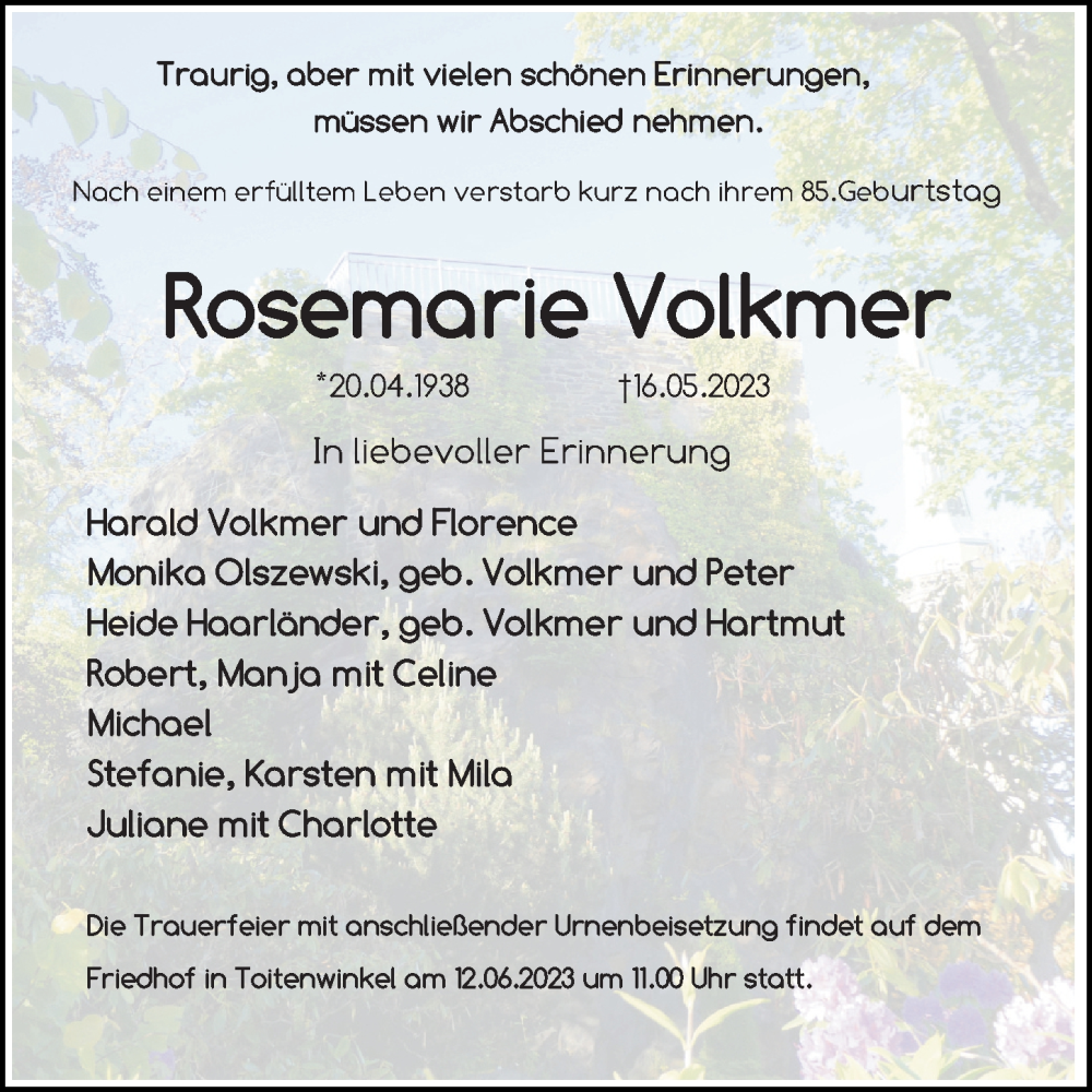  Traueranzeige für Rosemarie Volkmer vom 27.05.2023 aus Ostsee-Zeitung GmbH