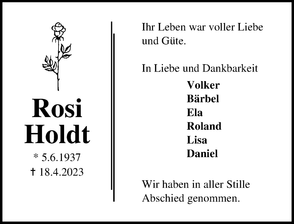 Traueranzeige für Rosi Holdt vom 07.05.2023 aus Lübecker Nachrichten