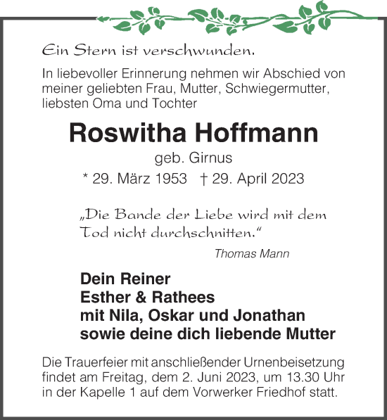 Traueranzeige von Roswitha Hoffmann von Lübecker Nachrichten