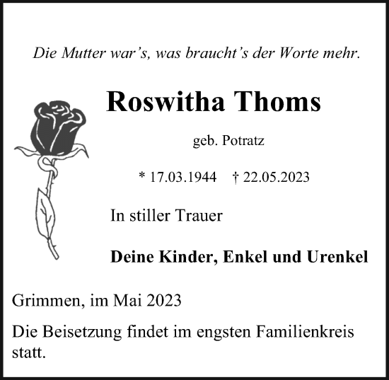 Traueranzeige von Roswitha Thoms von Ostsee-Zeitung GmbH